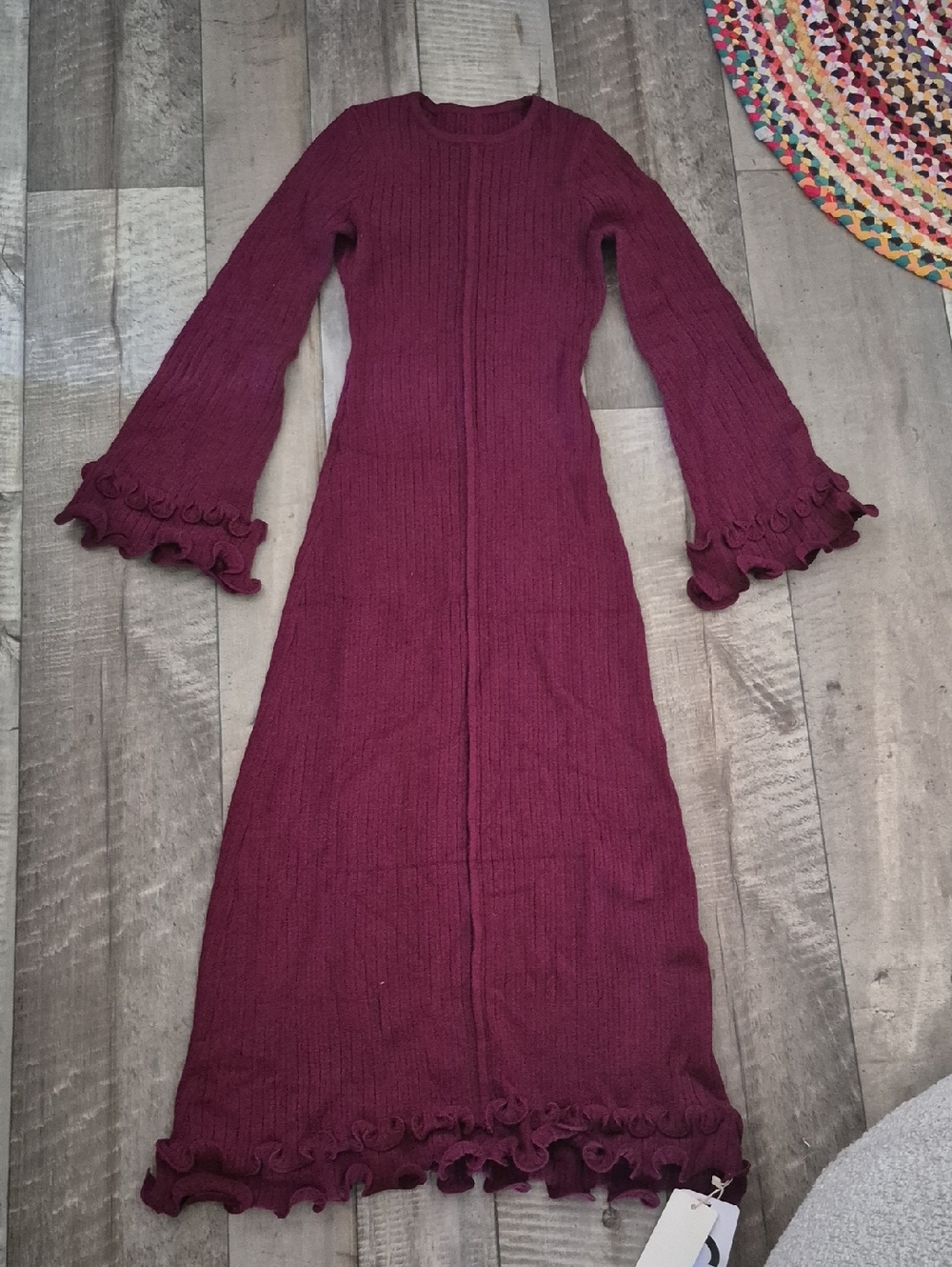 Commense Knit Maxi Dress Ruffle Sleeves Piping Drawstring Trim Semi Sheer S NWT - Picture 4 of 11